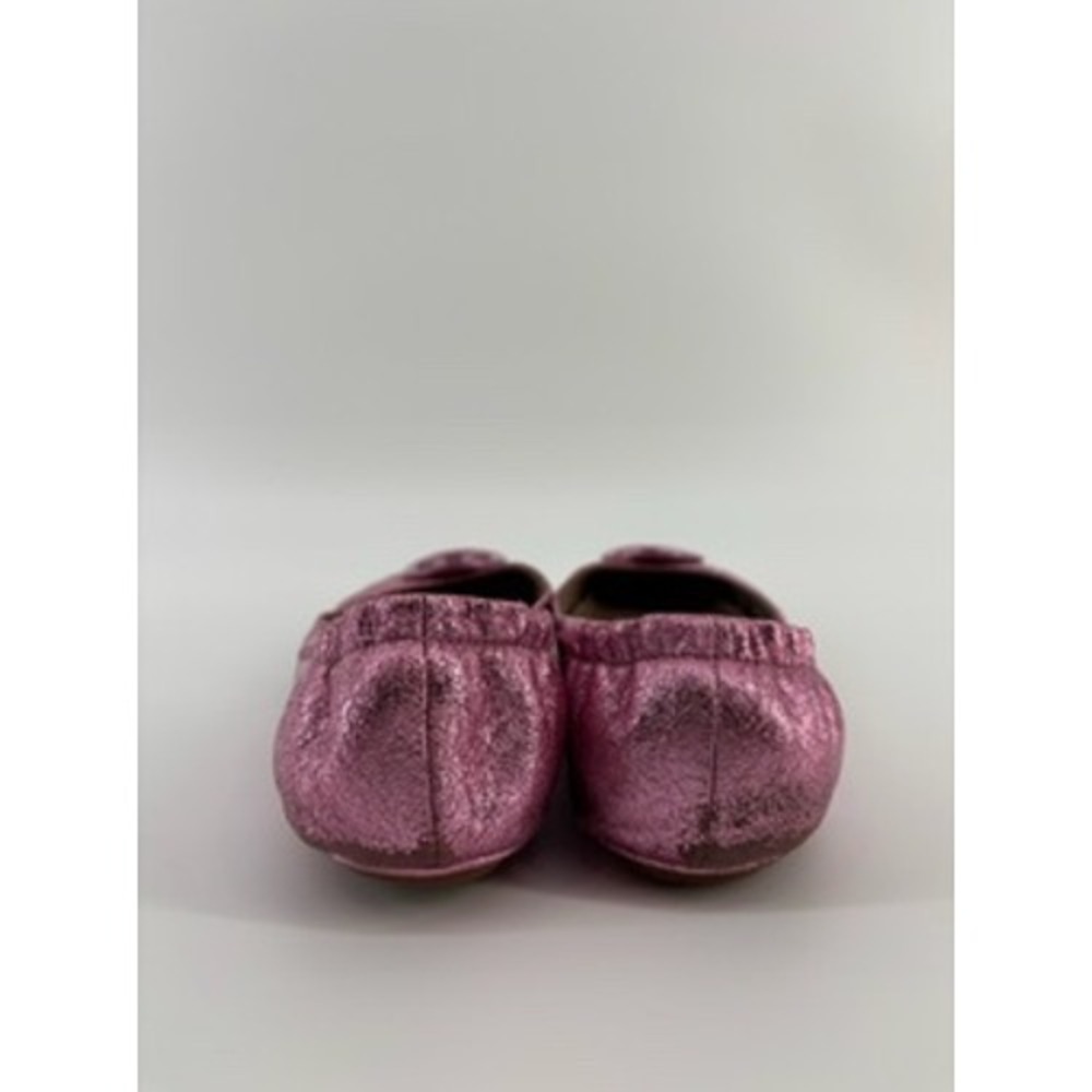 Tory Burch Minnie Travel Ballet Flats Metallic Pink Crackle Leather Logo Size7.5 - Picture 4 of 7